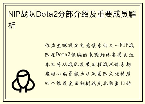 NIP战队Dota2分部介绍及重要成员解析
