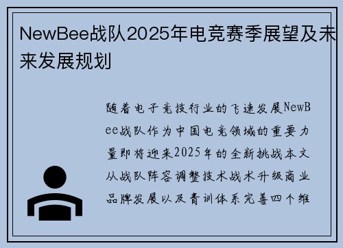 NewBee战队2025年电竞赛季展望及未来发展规划